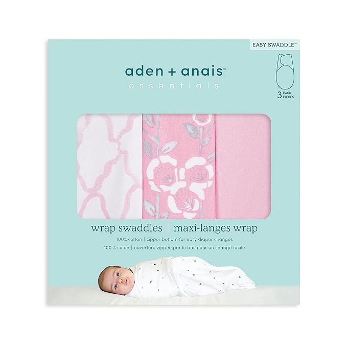 aden + anais, Cotton Knit Baby Wrap, Newborn Wearable Swaddle Blanket, 3 Pack, Pink Stencil, 0-3 Months