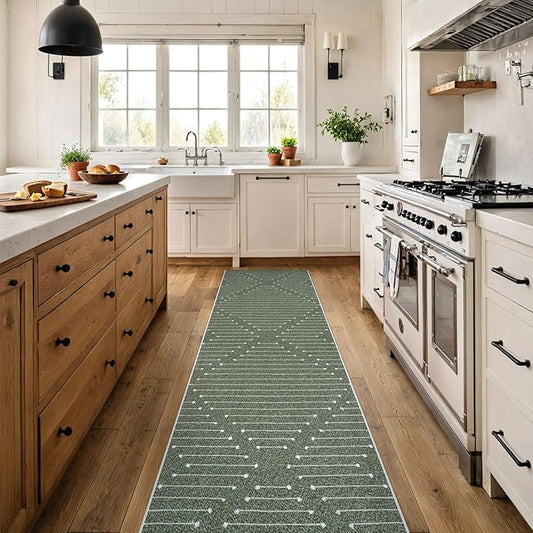 LIVEBOX Green Runner Rug for Kitchen 2x8, Boho Washable Runner for Hallway, Moroccan Cotton Long Entryway Area Rug Indoor Carpet for Bedroom Laundry Doorway Entry(Green & White)