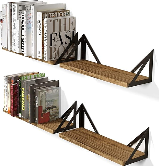 Wallniture Minori Floating Shelves Set of 4, Small Bookshelf Unit for Bedroom, Office, Bathroom, and Living Room, Natural Burned Rustic Wood Wall Decor with Metal Floating Shelf Bracket