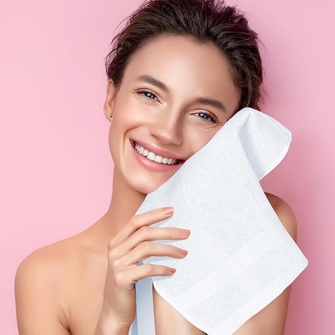 GLAMBURG Ultra Soft 12-Piece Washcloths Set 13x13-100% Ringspun Cotton - Durable & Highly Absorbent Face Towels - Ideal for use in Bathroom, Kitchen, Gym, Spa & General Cleaning - White