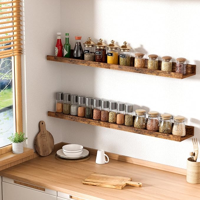 upsimples Floating Shelves for Wall, Wall Shelves for Decor Storage Set of 6, Wall Mounted Wood Shelves for Bedroom, Living Room, Bathroom, Kitchen, Picture Ledge Shelves, Brown