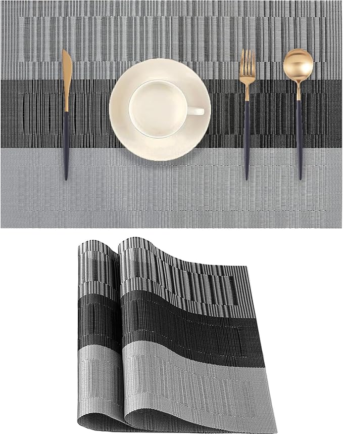Black Gray Placemats Set of 2 - Heat Resistant Non-Slip Place mats for Dining Table, Washable Durable PVC Vinyl Woven Table Mats (Black Gray, 2)