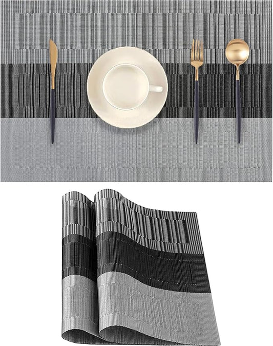 Black Gray Placemats Set of 2 - Heat Resistant Non-Slip Place mats for Dining Table, Washable Durable PVC Vinyl Woven Table Mats (Black Gray, 2)