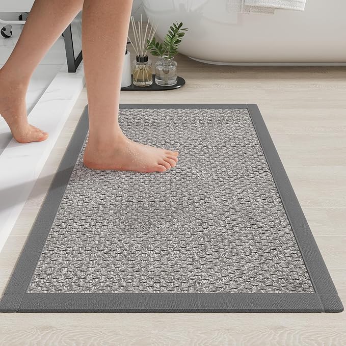 Non Slip Bath Mat Bathroom Rugs, Soft Jute-Like Ultra Thin Bath Mats, Rubber Backing Super Absorbent Quick Dry Bath Rug Shower Mat Fit Under Door Bathroom Floor, Machine Washable, Gray 16" x 24"