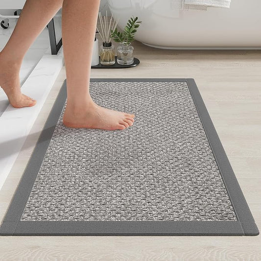 Non Slip Bath Mat Bathroom Rugs, Soft Jute-Like Ultra Thin Bath Mats, Rubber Backing Super Absorbent Quick Dry Bath Rug Shower Mat Fit Under Door Bathroom Floor, Machine Washable, Gray 16" x 24"