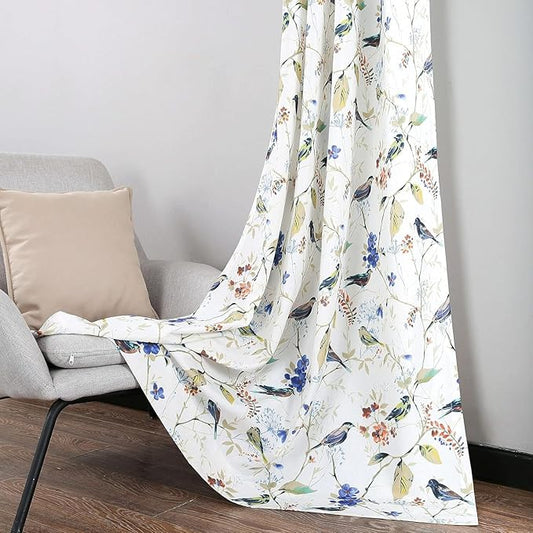Leeva Living Room Curtains 63 Inch Length, Light Filtering Window Treatments for Bedroom, Linen Textured Blue Birds Patterned Living Room Curtains for Window, Grommet, 42 x 63 Inches