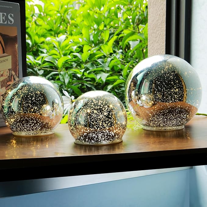 Lighted Mercury Glass Ball Table Lamp, Silver Cordless Glass Orb Christmas Decor Ball Led Light Globe, Modern Light Up Battery Operated Sphere Night Light for Home Bedroom Indoor Decor, Small