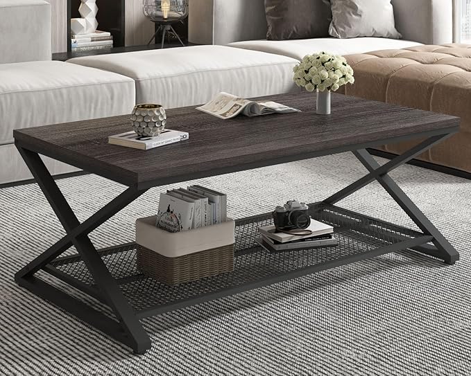 LVB Industrial Grey Coffee Table, Wood Metal 2 Tier Center Table with Storage, Rectangular Low Cocktail Table for Living Room, Farmhouse Concrete Tables for Home Office Bedroom, Dark Gray Oak, 47 Inch