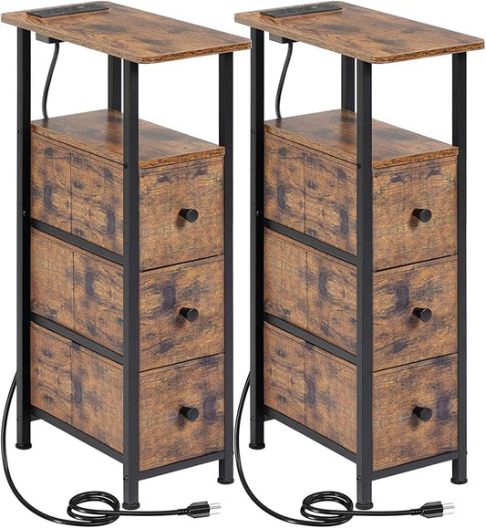 Narrow End Tables Living Room Set of 2 with Charging Station, Skinny Side Table with Fabric Drawers, Slim Nightstand for Bedroom, Small Spaces, Couch, Rustic Brown, HETNDP03PBR