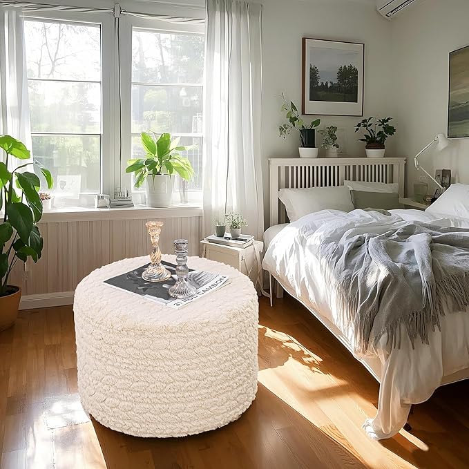 Round Pouf Ottoman 20 x 20 x 14 Inches Boho Poof Home Decor Floor Pouffe Ottoman Foot Rest for Couch Sofa Bean Bag Chairs Living Room Bedroom (Linen White)