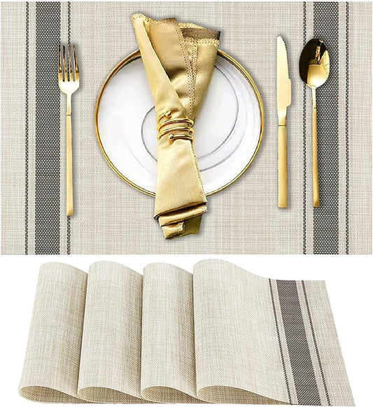 DACHUI Placemats Set of 4, Soft & Elegant Woven Vinyl Place Mats, Water Resistant, Heat Resistant, Washable, Durable Table Mats (Grey Stripes)