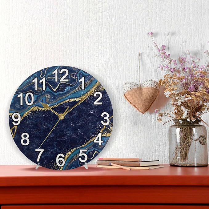 Abstract Blue Gold Marble Wall Clock Non Ticking Silent Kitchen Clock Large Battery Operated Clocks 10 inch for Living Room Bedroom Decor