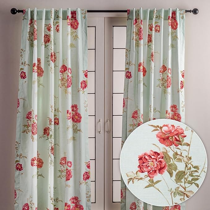Maison d' Hermine Curtains for Living Room 100% Cotton 124 inch Length Two Panels Light Filtering Curtains for Bedroom Windows with Rod and Loop Pockets Drapes (Villette Aqua, 50" W x 124" L)