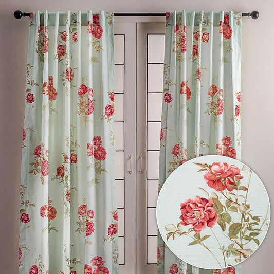 Maison d' Hermine Curtains for Living Room 100% Cotton 124 inch Length Two Panels Light Filtering Curtains for Bedroom Windows with Rod and Loop Pockets Drapes (Villette Aqua, 50" W x 124" L)