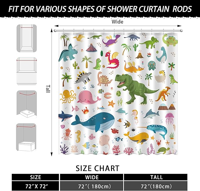 Kids Bathroom Ocean Shower Curtain, Funny Cartoon Dinosaur and Undersea Whale Shower Curtain Set with 12 Hooks, Home Decor Bath Accessories for Boys Girls 72x72 Inches