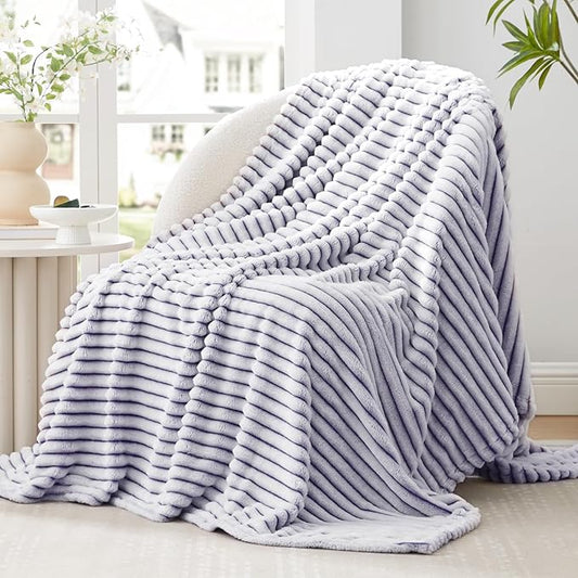 EXQ Home Fleece Throw Blanket for Couch or Bed - 3D Printed Stripe Jacquard Decorative Blankets - Cozy Soft Lightweight Fuzzy Flannel Blanket Suitable for All Seasons(50"×60",Purple)