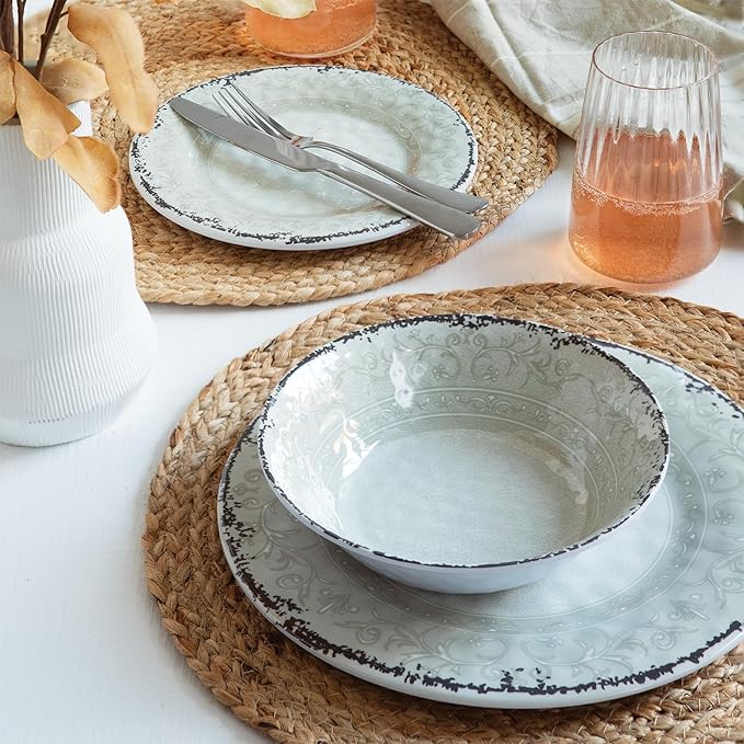 Melamine Dinnerware Sets, Service for 4. Unbreakable Dishes. Scratch Resistant Melamine Ware. Plates and Bowls. Dishwasher Safe Platos De Melamina Baroque Design. Beautifully Packaged Gift Box