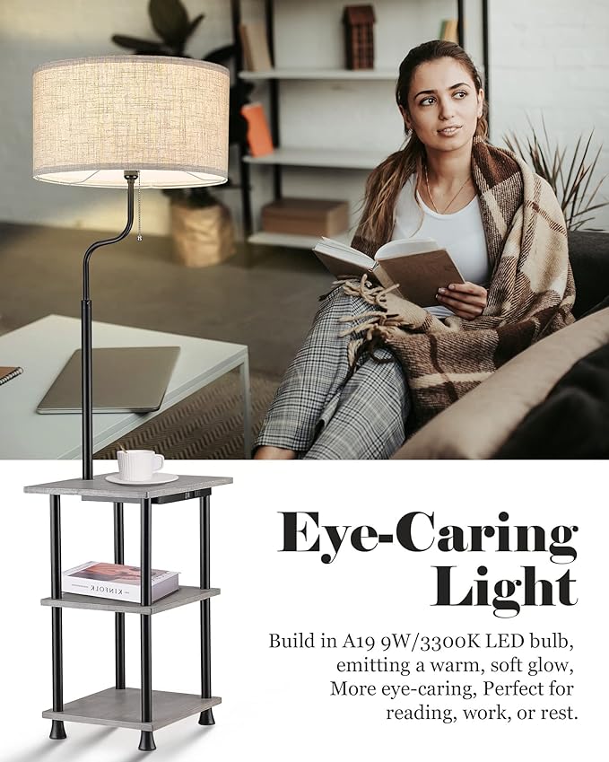 ELYONA Solid Wood End Table Floor Lamp, USB Type C Charging Port & Outlet, Side Table Shelf Reading Standing Light with Drum Shade for Bedroom, Farmhouse, Living Room, Office, LED Bulb Included, Grey