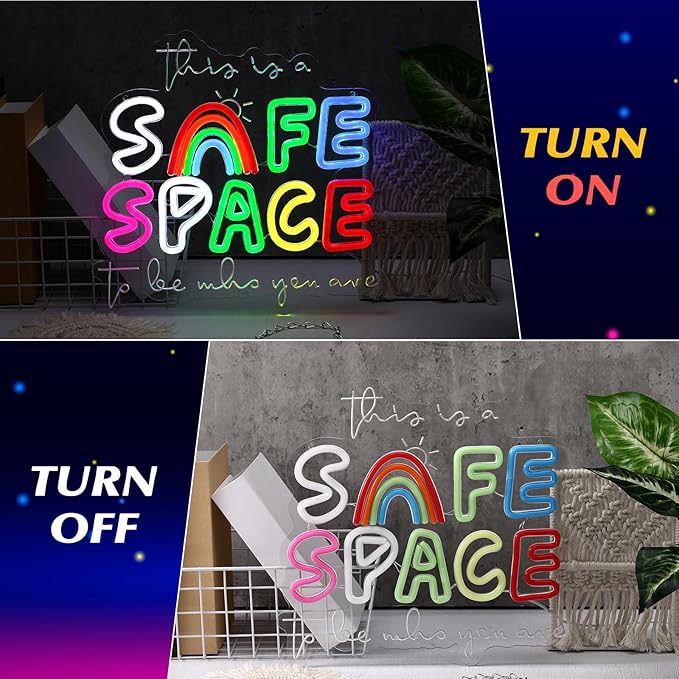 Retisee 13x13 Inches Safe Space Neon Sign This Is a Safe Space to Be Who You Are LED Neon Sign Dimmable Light up for Classroom Therapy Office Home Room Wall Decor