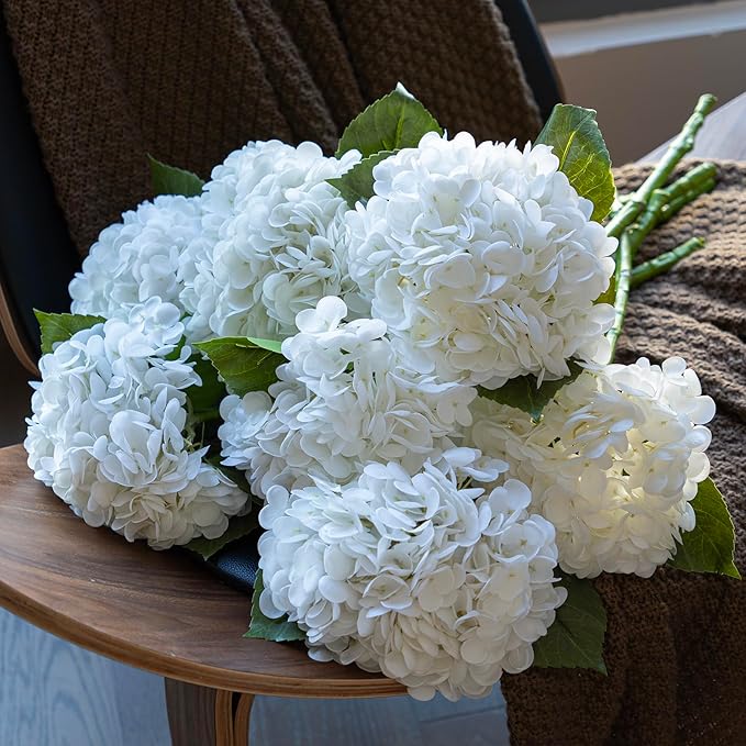 4PCS Artificial Flowers Large Hydrangeas Flowers Latex Bouquet for Wedding Bridal Office Home Party Decoration (2Pcs White+2Pcs Blue)