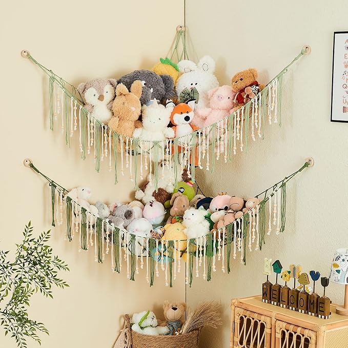 Pretty Jolly Stuffed Animal Storage Hammock with Wooden Beads Corner Hanging Net Boho Tassel for Toy Plush Holder for Kid Room Nursery Decor Wall Display Organizer for Girls Boy Gift(Avocado Green)