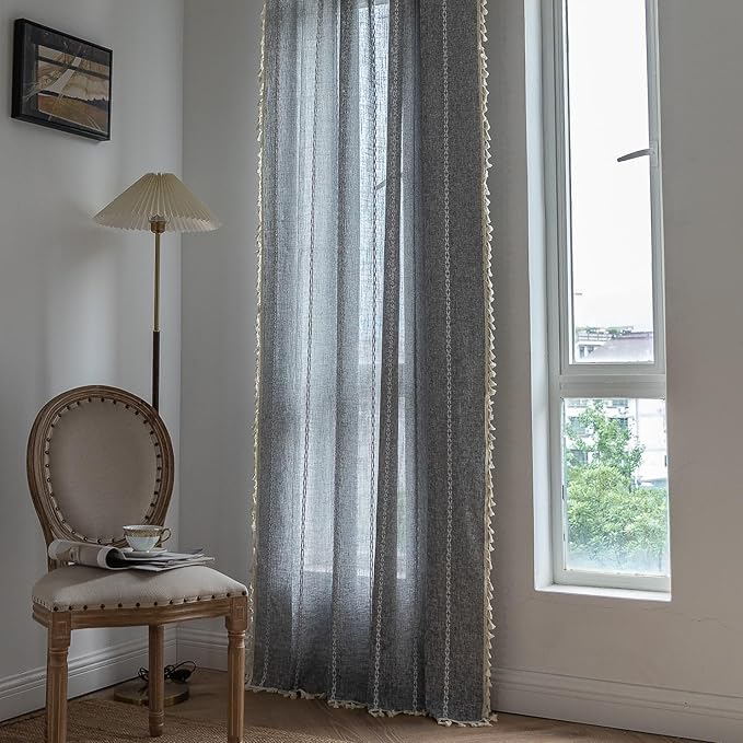 Sutuo Home Boho Curtain for Bedroom Living Room Kitchen, Semi Blackout Linen Farmhouse Shabby Chic Tassels Window Treatment Bohemian Embroidery Drape, Rod Pocket 1 Panel 52" W x 96" L, Black Grey