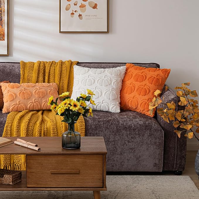 Pumpkin Fall Decorative Throw Pillow Covers 12"x20", Set of 2 Light Gold Soft Faux Fur Pillow Covers for Autumn Harvest, Fluffy Plush Accent Pillow Cases for Farmhouse Couch Cushion Covers