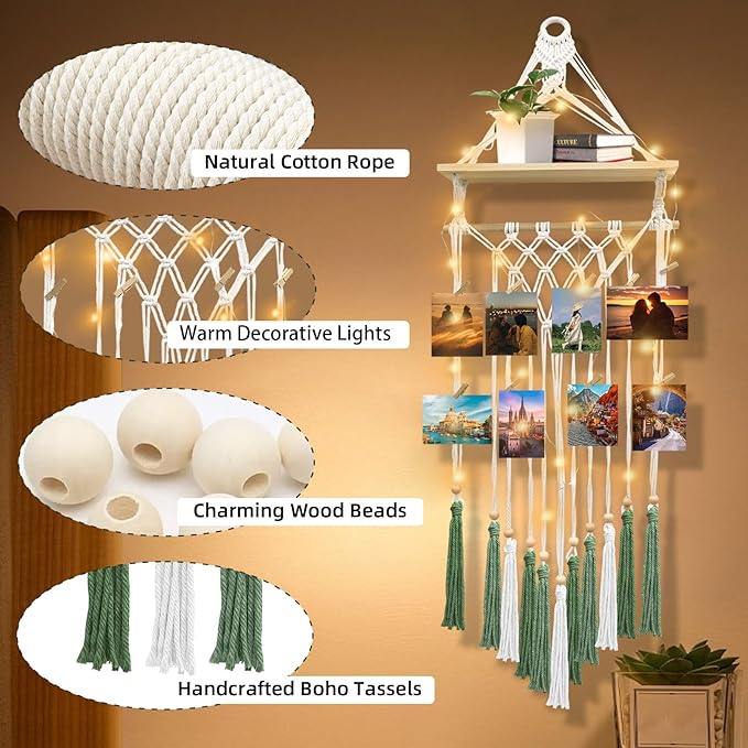Macrame Wall Hanging Bohemian Photo Display Holder with Wooden Shelf Tassels Decorative LED Light Strings Hooks 20 Clips Boho Art Picture Card Hangers Handmade Tapestry Romantic Gift - Green