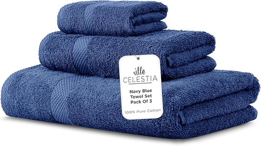 100% Combed Cotton Bathroom Towel Set of 3- 1 Bath Towel, 1 Hand Towel, 1 Wash Cloth, Sustainable, Soft, Highly Absorbent 3 Piece Cotton Bath Towel Set Ideal for Hotels, Spa, Bathroom, Dorm, Navy Blue