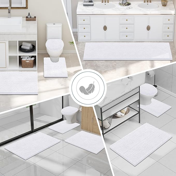 Smiry Luxury Chenille Bathroom Rugs 34x21, Extra Soft and Absorbent Shaggy Bath Mat, Machine Washable, Non-Slip Plush Carpet Runner for Tub, Shower, and Floor, Home Decor Accessories, White