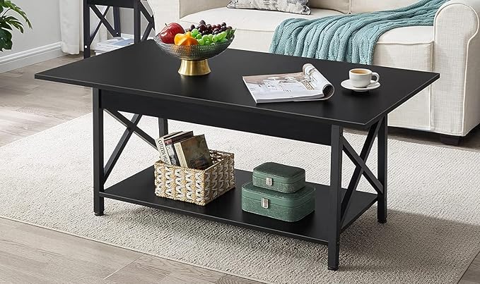 GreenForest Black Coffee Table with Storage Shelf 39 inch, 2 Tier Rectangular Center Table for Living Room,Modern Farmhouse Small Table for Home Office,Easy Assembly