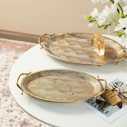 Glitzhome Set of 2 Vintage Gold Decorative Trays with Handles, Metal Large Oval Jewelry Decorative Trays, Bathroom Dresser Vanity Trays