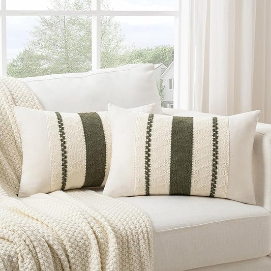 Fancy Homi Set of 2 Boho Olive Green Lumbar Decorative Throw Pillow Cover 12x20 Inch for Couch Bed Sofa Chair, Modern Organic Farmhouse Home Decor, Soft Cotton Cute Accent Rectangle Cushion Case