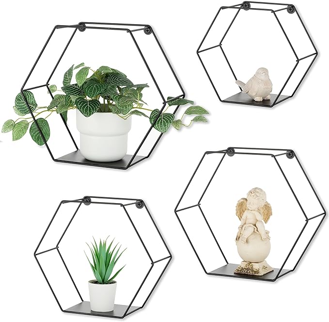 Hexagon Shelves Black Metal - Floating Geometric Hexagon Shelf Wall Mount - Plant Shelves Hexagonal Decor Set of 4