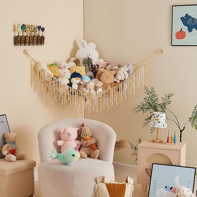 Pretty Jolly Stuffed Animal Storage Hammock with Wooden Beads Corner Hanging Net Boho Tassel for Toy Plush Holder for Kid Room Nursery Decor Wall Display Organizer for Girls Boy Gift(Yellow)