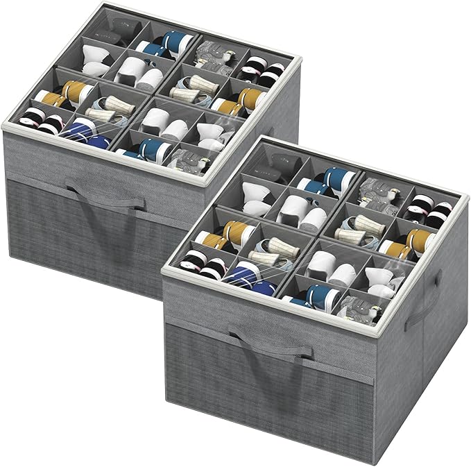 Aokeyee Shoe Organizer for Closet,2 Pack Foldable Shoe Storage Organizer Box Bin with Adjustable Dividers and Clear Cover, Fits up to 16-32 Pairs, (Grey)