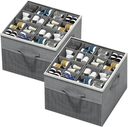 Aokeyee Shoe Organizer for Closet,2 Pack Foldable Shoe Storage Organizer Box Bin with Adjustable Dividers and Clear Cover, Fits up to 16-32 Pairs, (Grey)