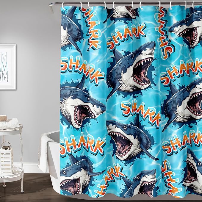 AILONEN Blue Shark Shower Curtain,Scream Shark Bath Curtain Gifts for Kids,Ocean Animal Polyester Waterproof with 12 Plastic Hooks, 48" W*72" H Blue