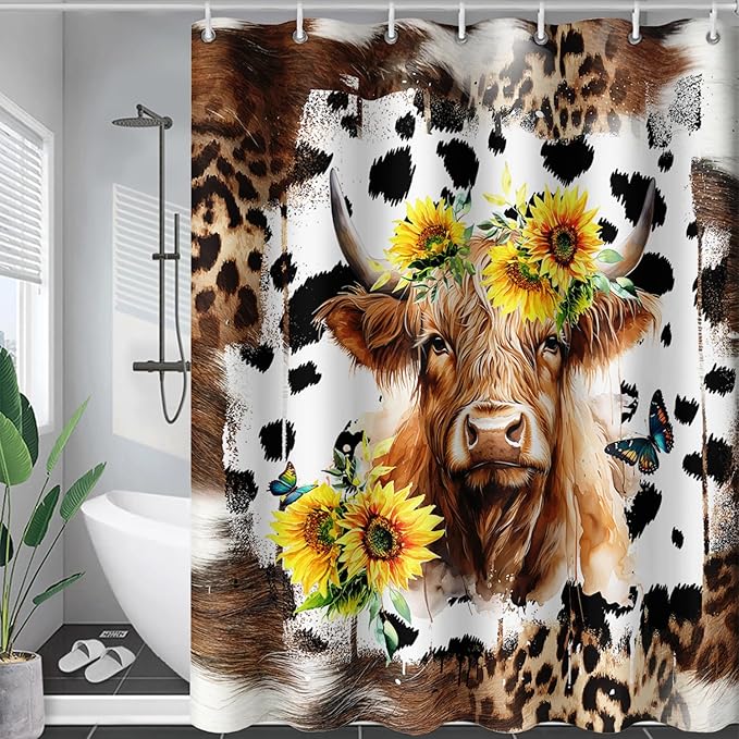 AILONEN Yak Shower Curtains for Kids Boys Girls,Highland Cattle Sunflower Cow Fur Print Bath Curtains for Bathroom Decor,Polyester Waterproof with 12 Plastic Hooks 72" W*96" H