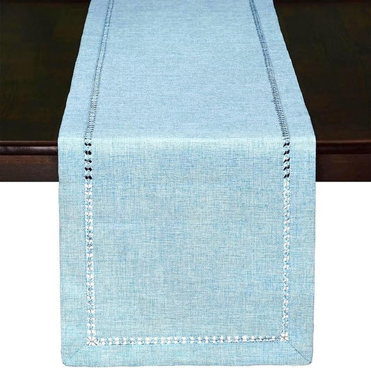 Grelucgo Handcrafted Solid Color Dining Table Runner, Dresser Scarf, Double-Hemstitched (Light Blue, 14 x 54)