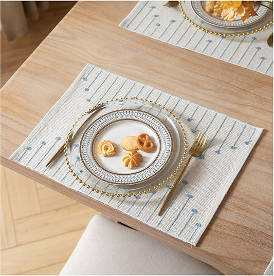 Placemats Set of 6 for Dining Table Décor, Woven Cloth Place Mats for Farmhouse Kitchen Tabletop, Handcrafted Machine Washable Cotton Table mats 13 x 19 Inch, Light Blue and Beige