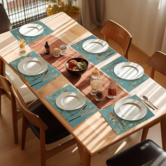 Almond Tree in Blossom Placemats Set of 6,Washable Heat Resistant 12×18 Inch Linen Table Mats Art Place Mats for Party Outdoor Dining Décor