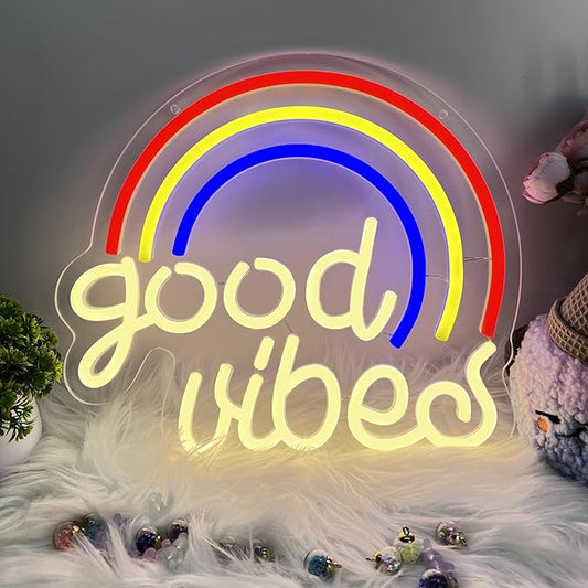 Rainbow GOOD VIBES Neon Sign - Multicolor Positive Vibes Light for Bedroom, Yoga Studio, Cafe, USB Dimmable, Shatterproof Wall Decor, Inspirational Gift(13x12 Inch)
