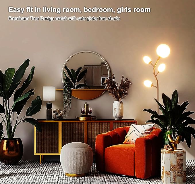 Fiqevs 4 Globe Floor Lamp with 2700K Warm Light LED Bulbs Included, Mid Century Modern Tree Standing Lamp with Frosted Glass Shade, Arc Torch Tall Lamp for Living Room, Bedroom, Office, Antique Brass