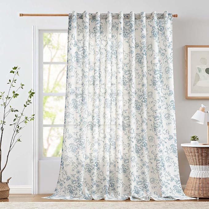 jinchan Linen Floral Curtains Extra Wide for Patio Sliding Glass Door Room Divider Curtain for Living Room 108 Inch Length Farmhouse Peony Blue Printed Curtain Set 1 Panel