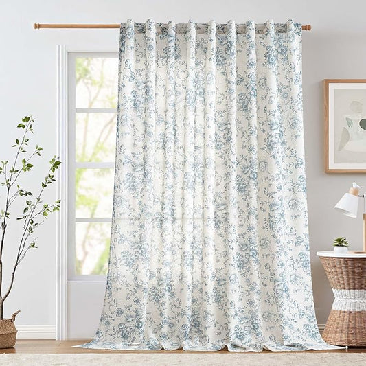 jinchan Linen Floral Curtains Extra Wide for Patio Sliding Glass Door Room Divider Curtain for Living Room 108 Inch Length Farmhouse Peony Blue Printed Curtain Set 1 Panel
