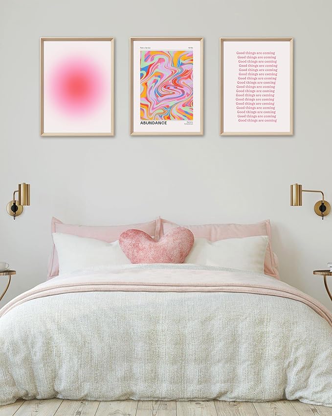 Framed Abstract Pink Canvas Wall Art,Retro Gradient Canvas Wall Decor,16x12IN High Framed Wood Design Print,Minimalist Classic Décor Aesthetic for Living Room,Bedroom,Bathroom Set of 3