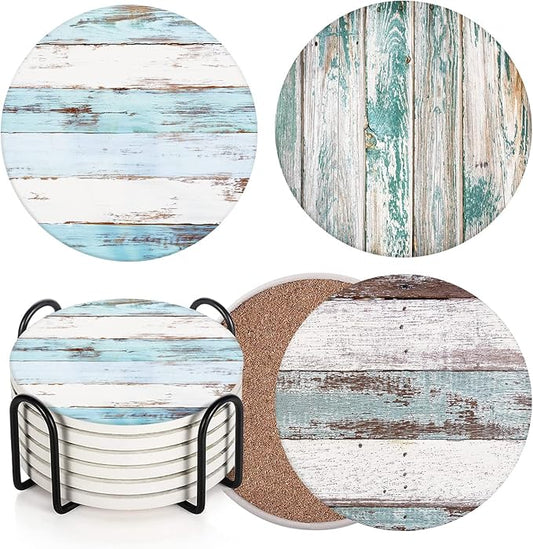 Britimes Coaster for Drinks Set of 6, Wooden Board Brown Blue Table Absorbent Round Ceramic Stone Mat, with Cork Base and Metal Holder, Gift for Housewarming Room Bar Decor