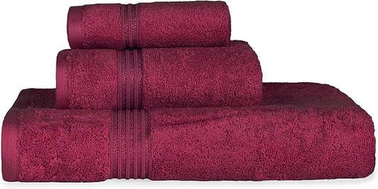 Superior Egyptian Cotton 3-Piece Towel Set, Basic Towels For Bathroom, Home Decor, Guest Bath, Shower, Apartment, Included 1 Face, 1 Hand, 1 Bath Towel, Washcloth, Quick Dry, Burgundy