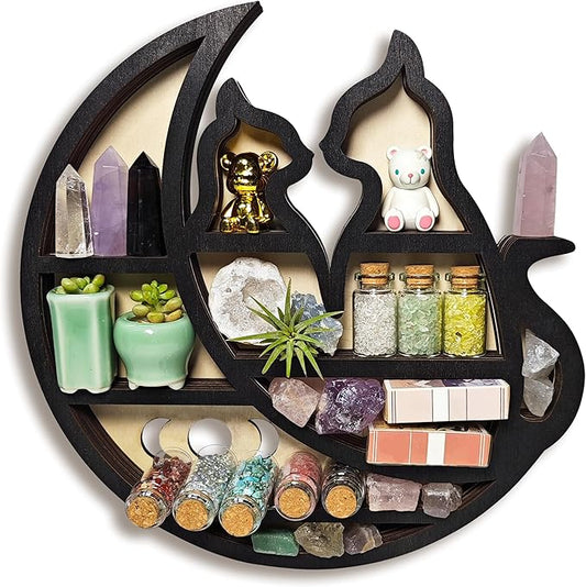 Crystal Display Shelf for Wall, Cats on The Moon Shelf, Crescent Moon Phase Cute Home Decor Wooden Rock Display Shelf Crystal Holder Stone Storage Aesthetic Hanging Floating Organizer